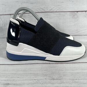 Michael Kors Felix Trainer Slip-on Wedges Flat Sneakers Black/White‎ Blue Sz.7.5